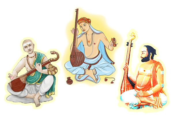The Carnatic Trinity — Saint Tyagaraja, Syama Sastri, and Muthuswami Dikshitar with traditional instruments